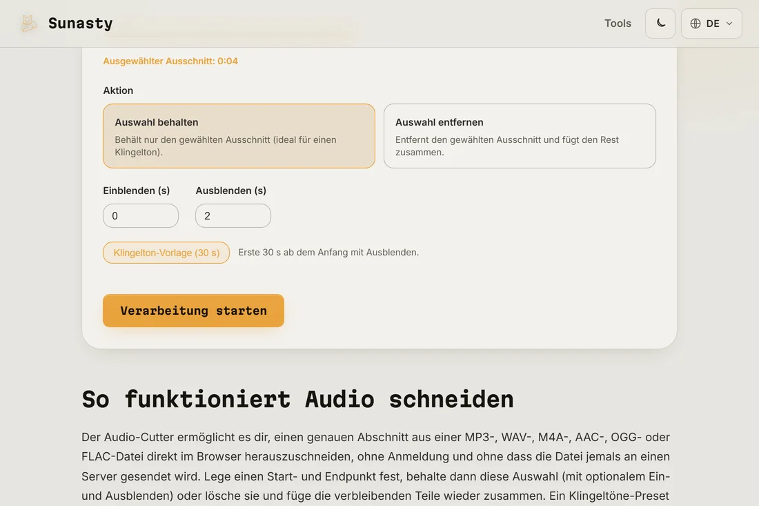 Der Audio-Schneider mit geladenem Song, angewendeter Klingelton-Voreinstellung und auf der Wellenform hervorgehobenem Abschnitt