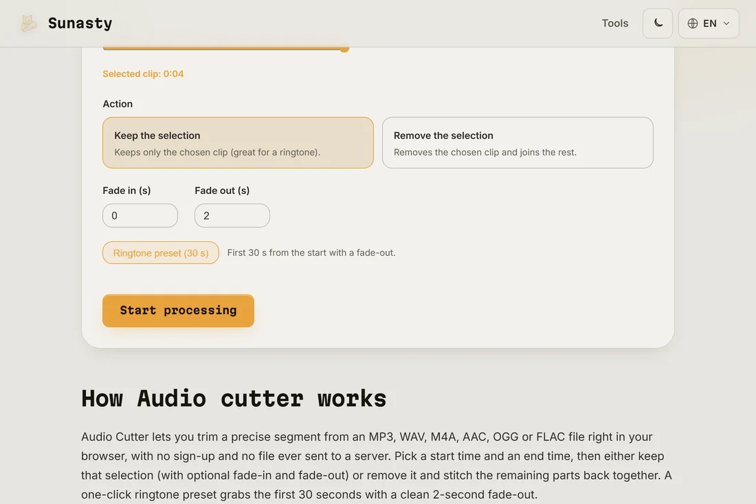 The audio cutter with a song loaded, ringtone preset applied and the segment highlighted on the waveform