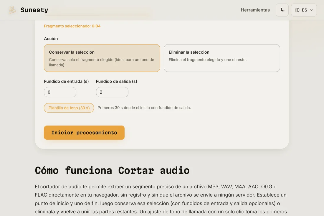 El recortador de audio con una canción cargada, el ajuste predefinido de tono aplicado y el segmento resaltado sobre la forma de onda