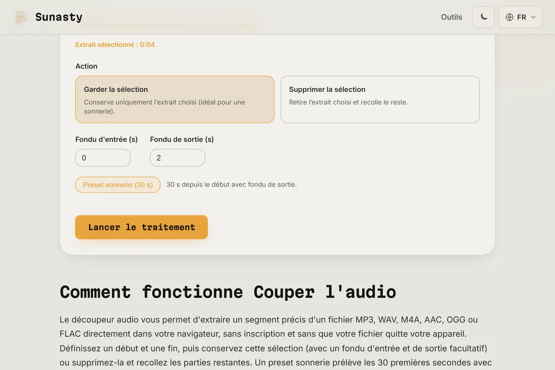 Le coupeur audio avec une chanson chargee, prereglement sonnerie applique et le segment mis en evidence sur la forme d'onde