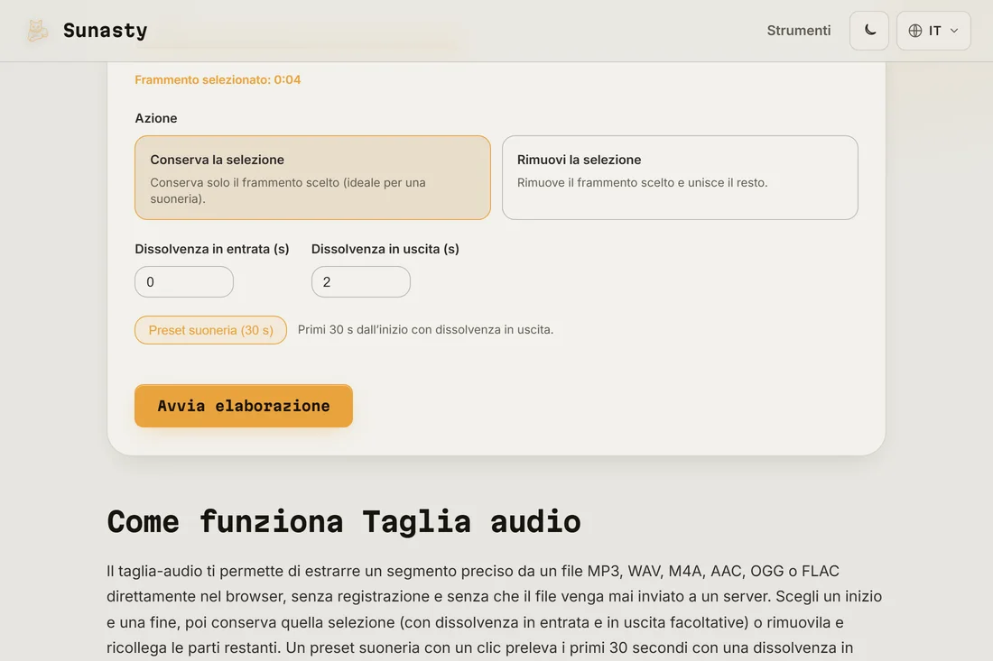 Il taglierino audio con una canzone caricata, il preset suoneria applicato e il segmento evidenziato sulla forma d'onda