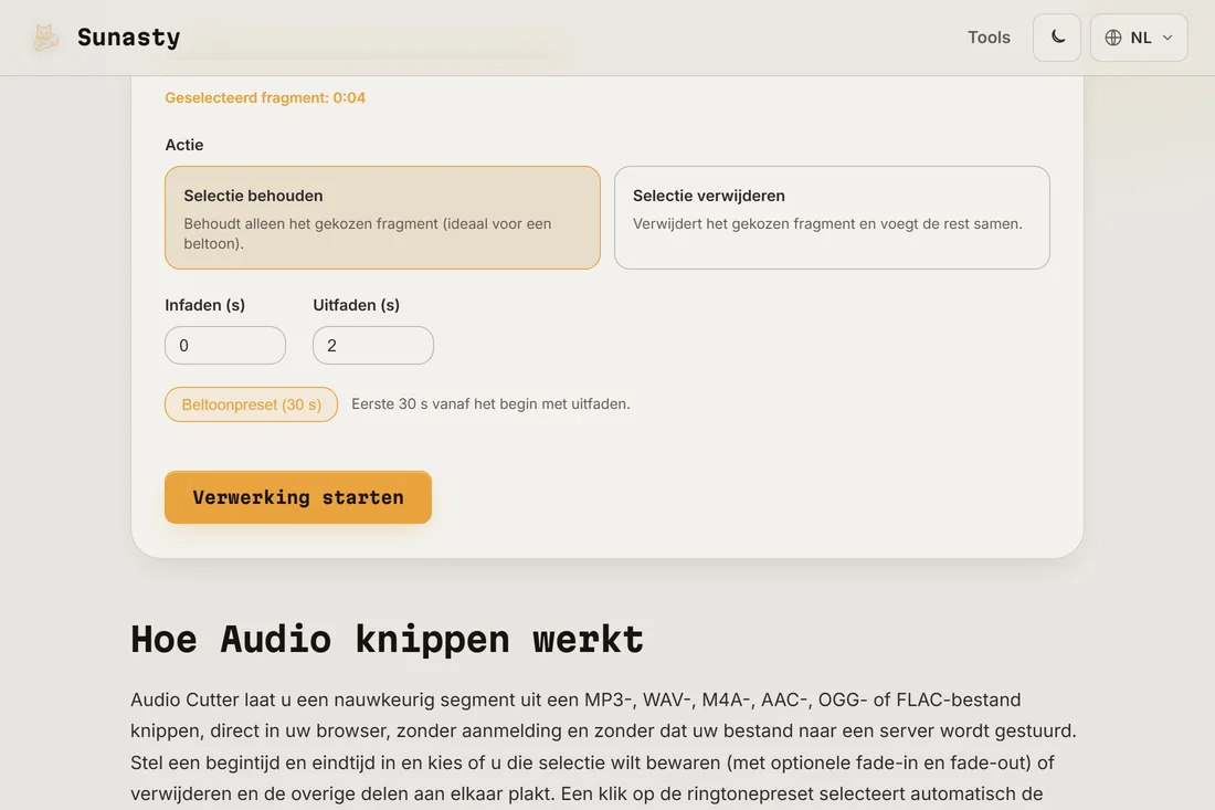 De audio-cutter met een nummer geladen, de beltoonpreset toegepast en het segment gemarkeerd op de golfvorm