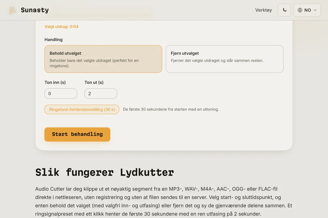 Lydkutteren med en sang lastet inn, ringetone-forhåndsinnstilling brukt og segmentet uthevet på bølgeformen