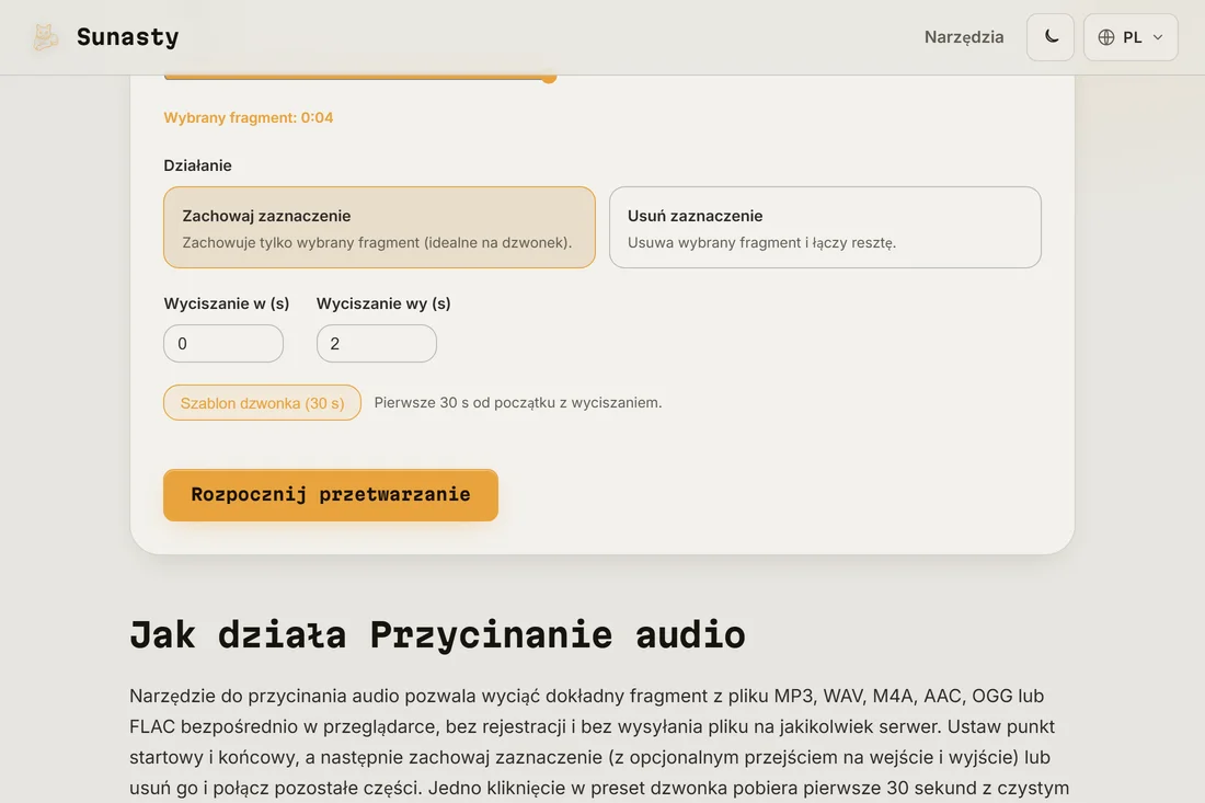 Narzędzie do cięcia audio z wczytaną piosenką, zastosowanym ustawieniem wstępnym dzwonka i fragmentem wyróżnionym na fali dźwiękowej