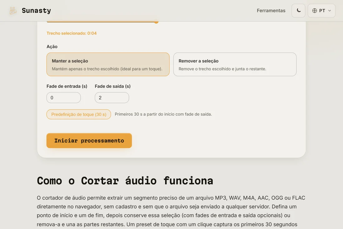 O cortador de áudio com uma música carregada, predefinição de toque aplicada e o trecho destacado na forma de onda