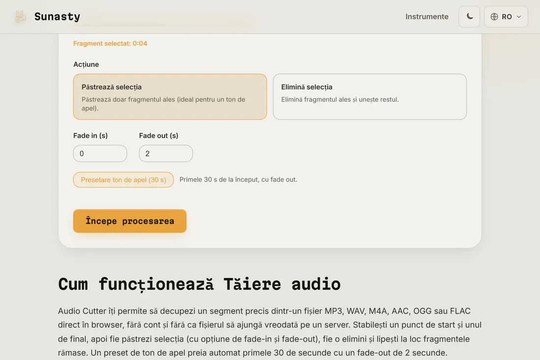 Instrumentul de taiere audio cu o melodie incarcata, presetarea de ton de apel aplicata si segmentul evidentiat pe forma de unda