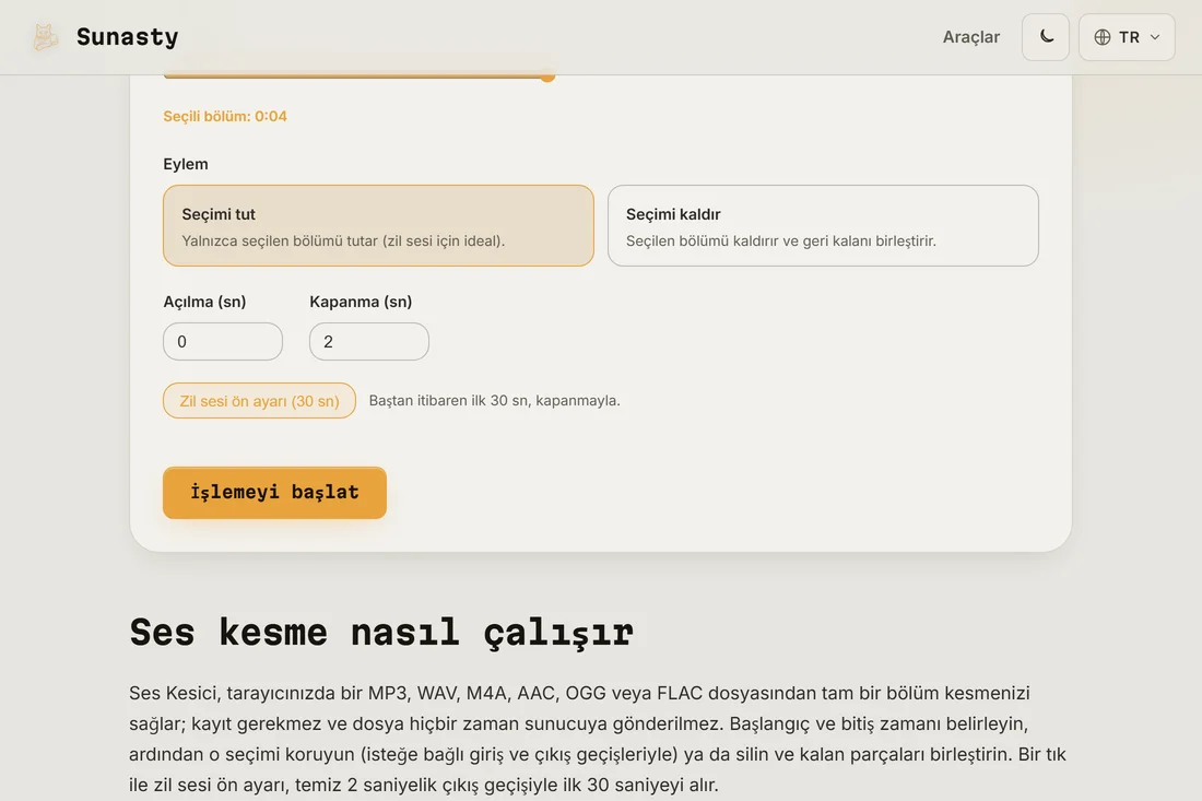 Bir şarkı yüklenmiş, zil sesi hazır ayarı uygulanmış ve bölümü dalga formunda vurgulanmış ses kesici
