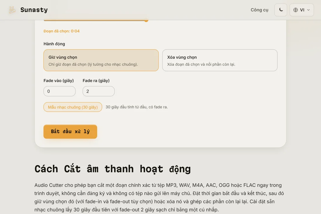 Trình cắt âm thanh với một bài hát đã nạp, thiết lập sẵn nhạc chuông đã áp dụng và đoạn được làm nổi bật trên dạng sóng