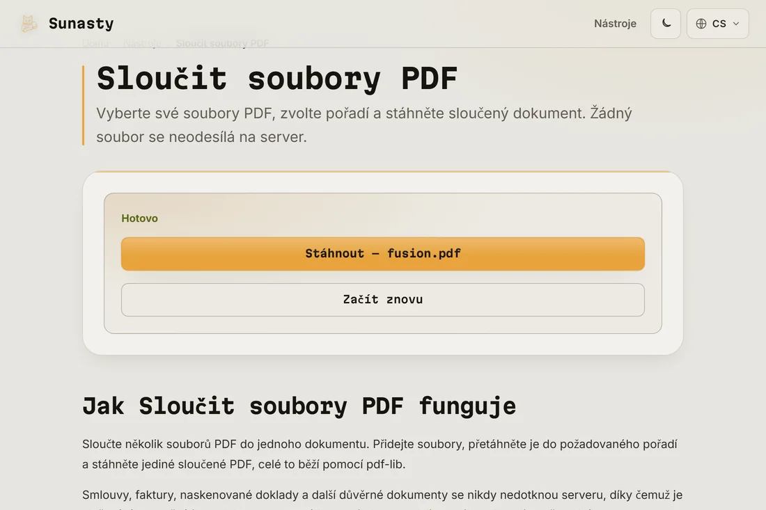 Sloučené PDF připravené ke stažení s uvedeným celkovým počtem stránek