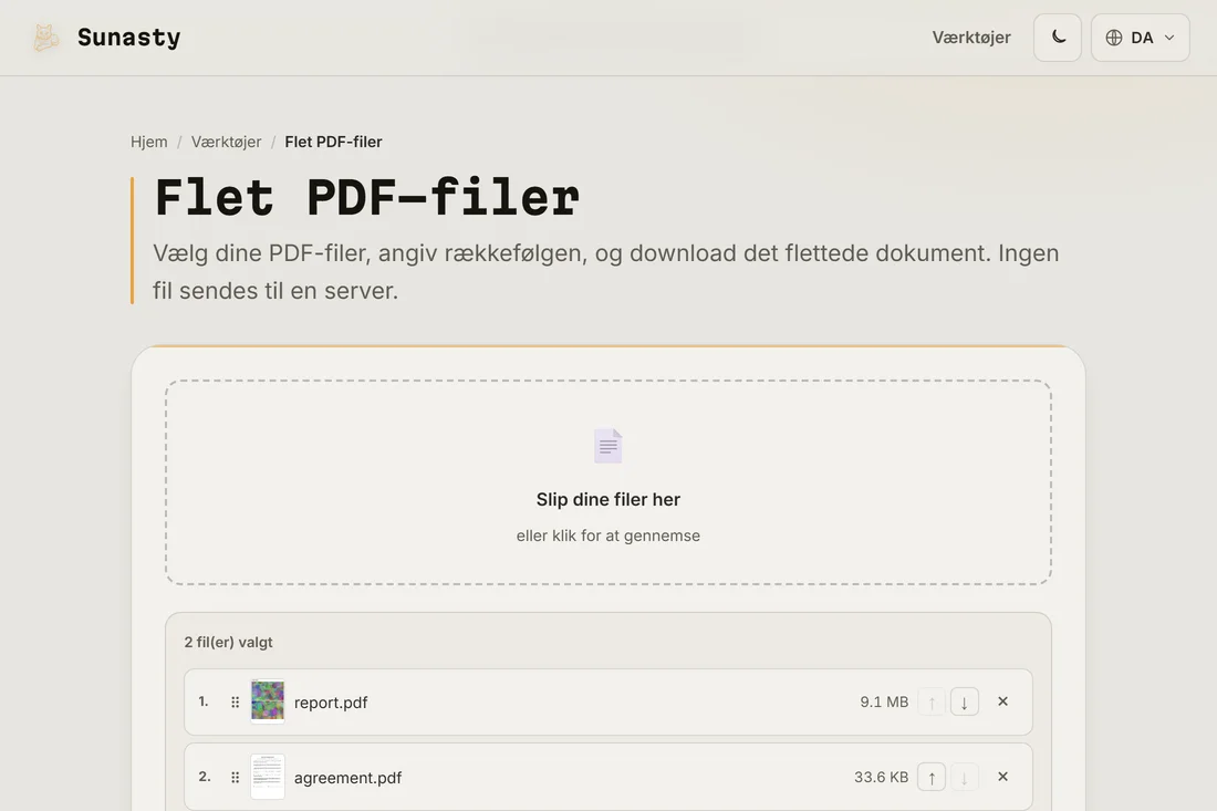 PDF-fletteren med tre filer indlæst, vist i den rækkefølge, de vil optræde i resultatet
