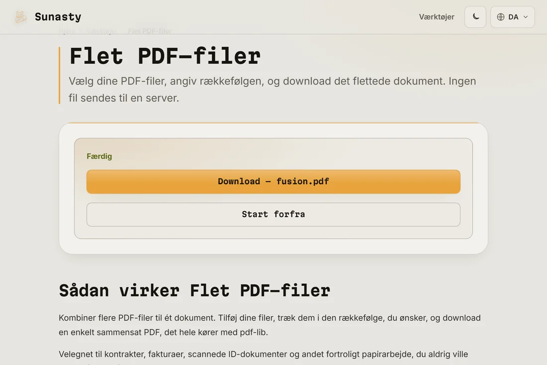 Den flettede PDF klar til download med det samlede antal sider vist