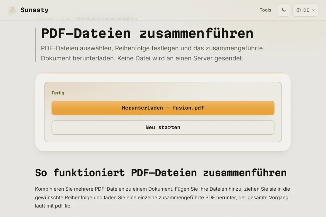 Das zusammengeführte PDF bereit zum Download, mit der kombinierten Seitenzahl