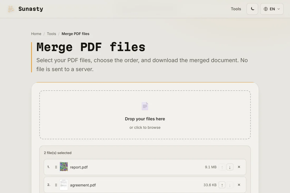 The PDF merger with three files loaded, shown in the order they will appear in the output