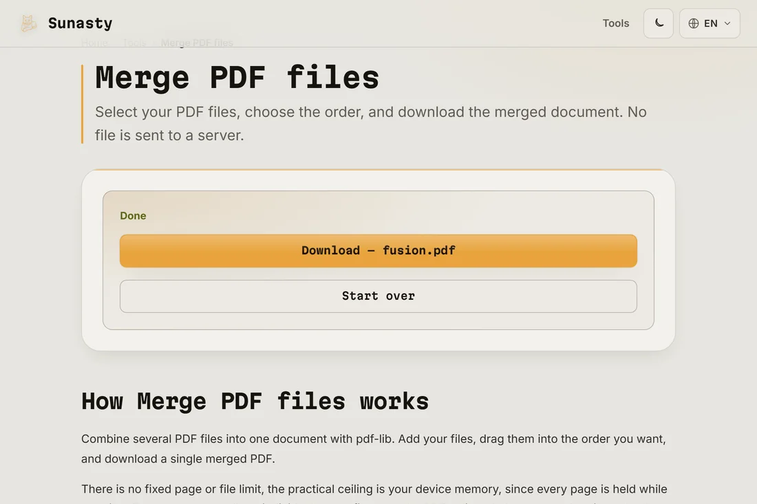 The merged PDF ready to download, showing the combined page count