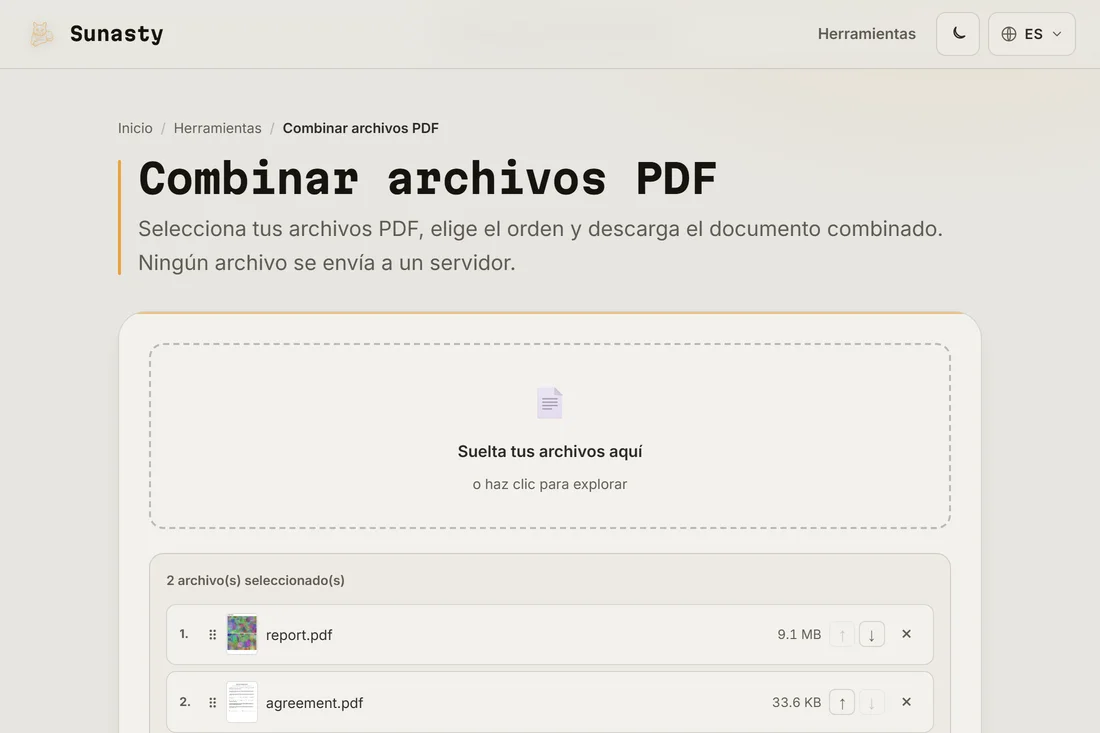 El combinador de PDF con tres archivos cargados, mostrados en el orden en que aparecerán en el resultado
