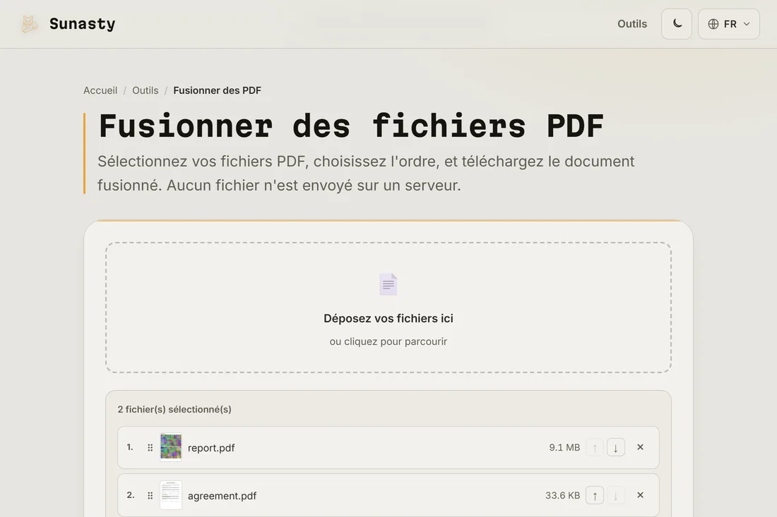 L'outil de fusion PDF avec trois fichiers chargés, dans l'ordre dans lequel ils apparaitront dans le résultat