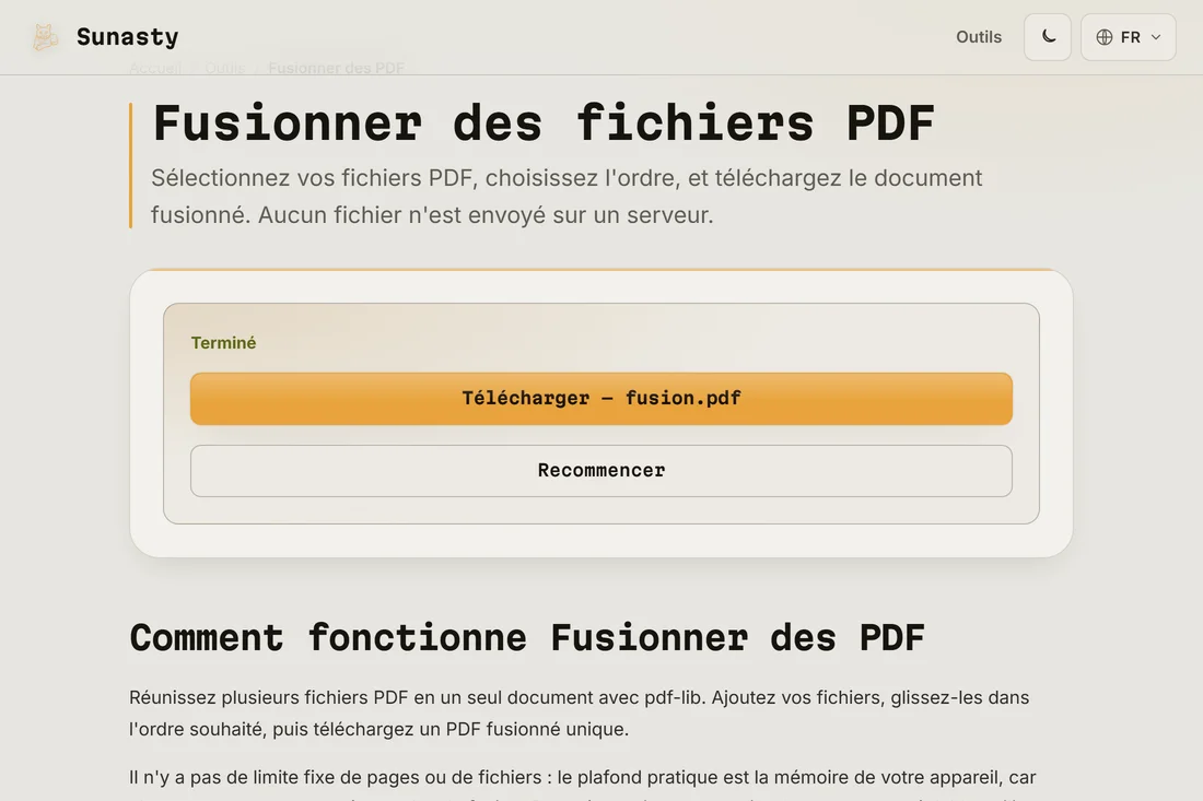 Le PDF fusionné prêt au téléchargement, indiquant le nombre total de pages