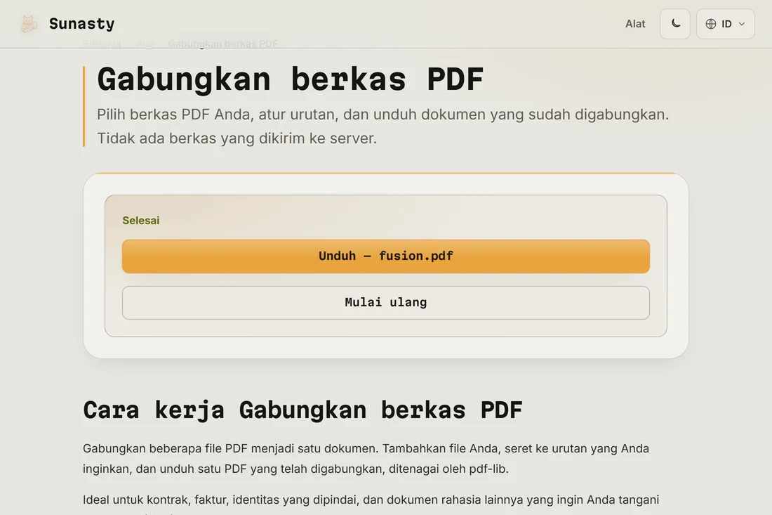 PDF gabungan siap diunduh, menampilkan jumlah halaman gabungan