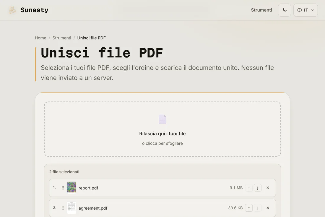 Lo strumento di unione PDF con tre file caricati, mostrati nell'ordine in cui appariranno nel risultato