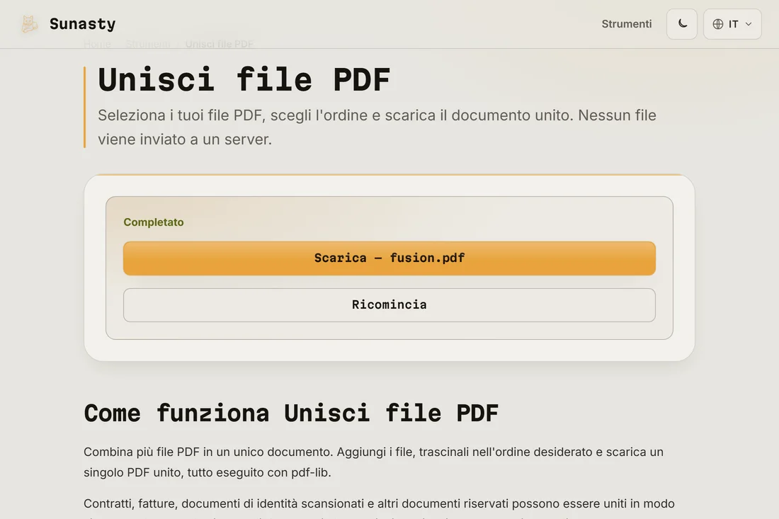 Il PDF unito pronto per il download, con il conteggio totale delle pagine
