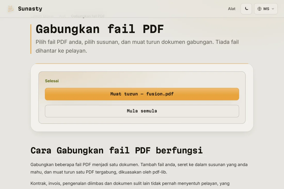 PDF gabungan sedia untuk dimuat turun, menunjukkan jumlah bilangan halaman