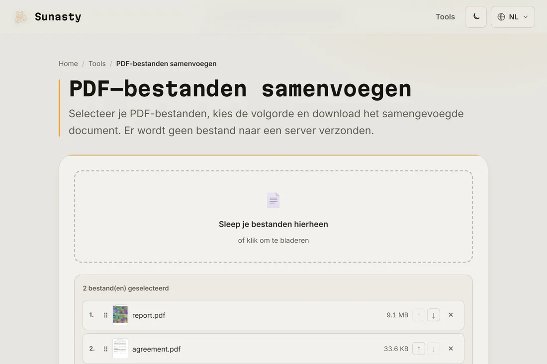 De PDF-samenvoeger met drie geladen bestanden, in de volgorde waarin ze in het resultaat verschijnen