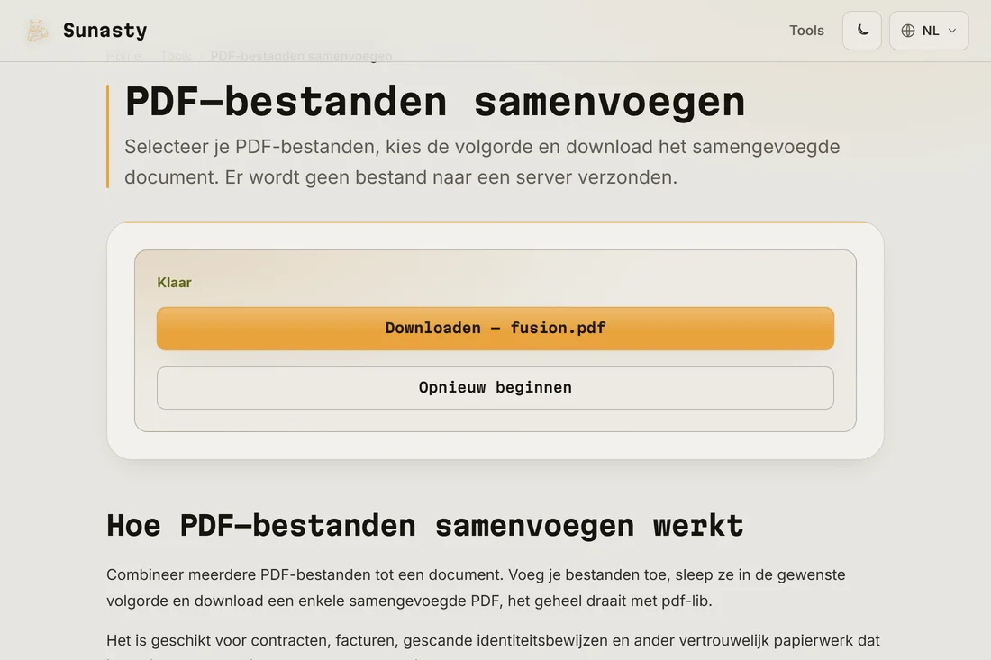 De samengevoegde PDF klaar om te downloaden, met het totale aantal pagina's