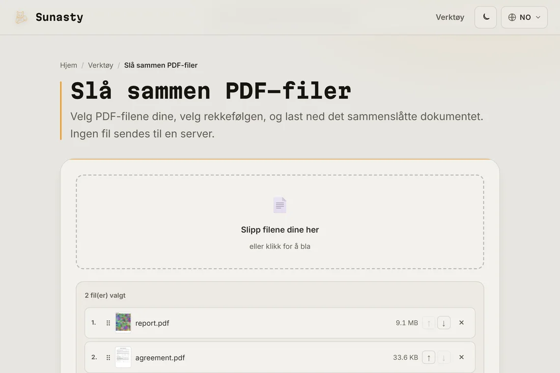 PDF-sammenslåeren med tre filer lastet inn, vist i rekkefølgen de vil vises i resultatet
