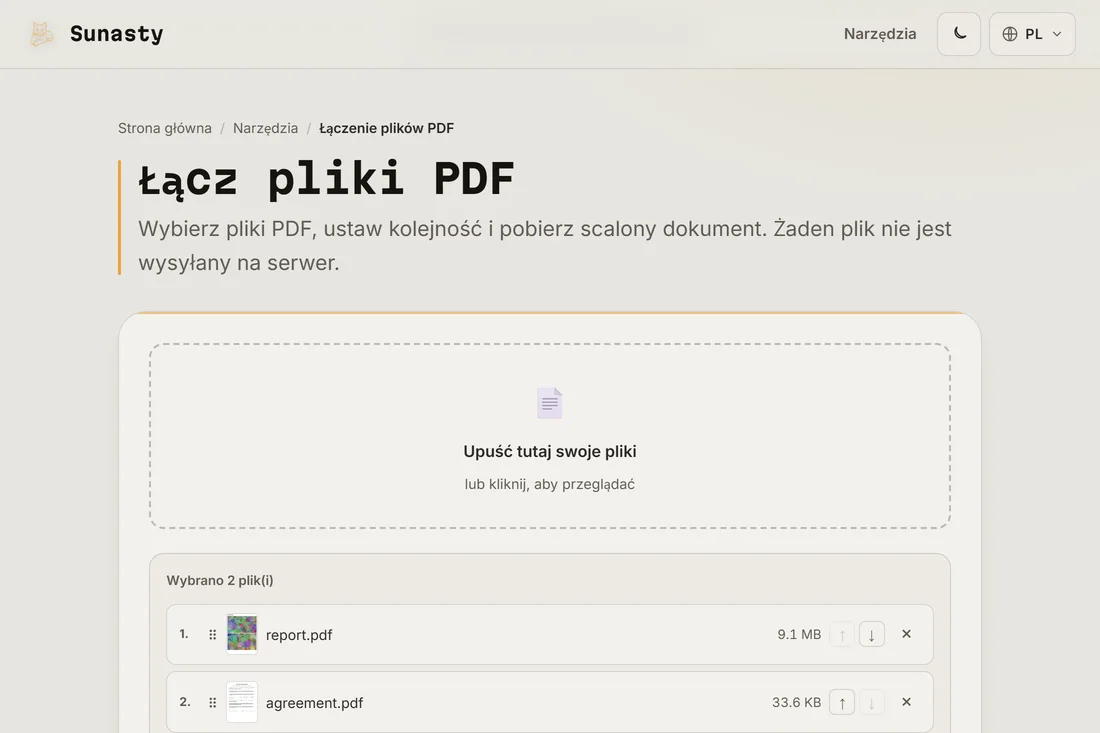 Narzędzie do łączenia PDF z trzema wczytanymi plikami, w kolejności, w jakiej pojawią się w wyniku