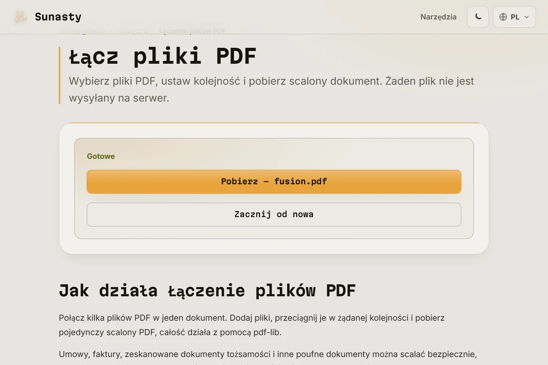 Scalony PDF gotowy do pobrania, z widoczną łączną liczbą stron