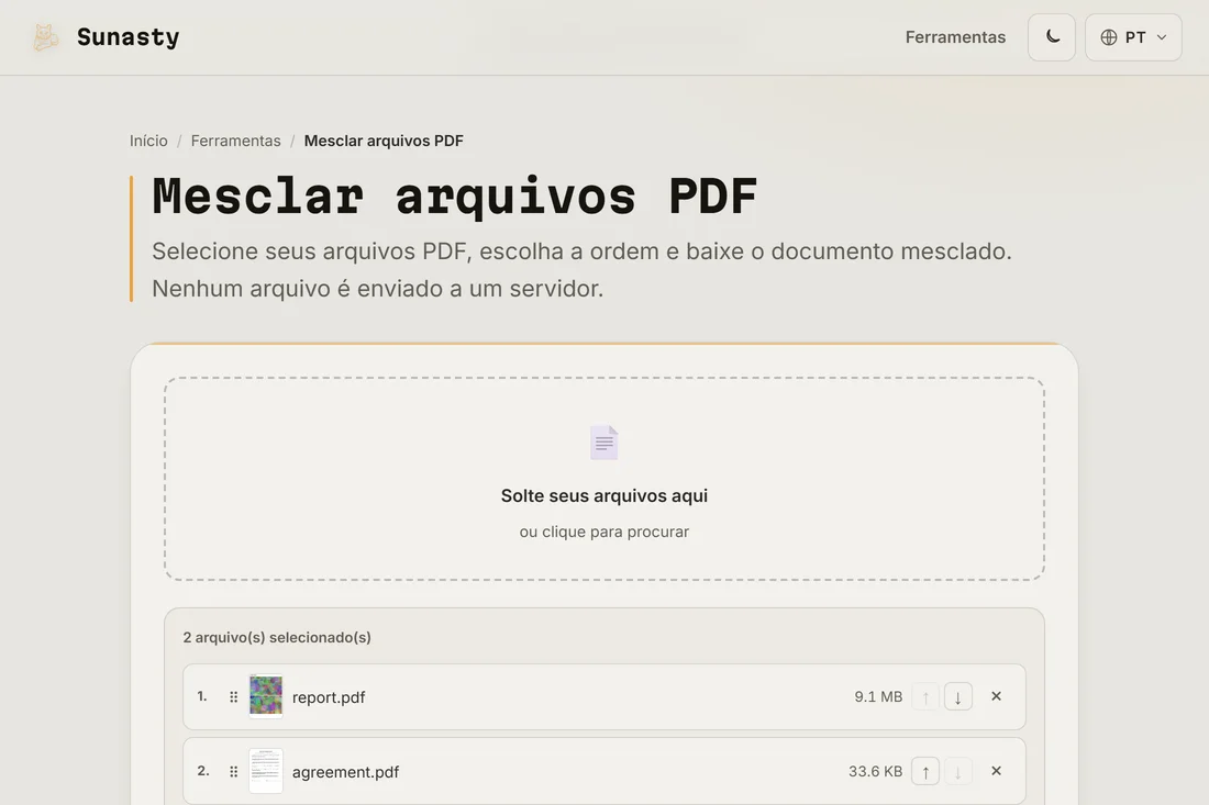 O unificador de PDF com três arquivos carregados, mostrados na ordem em que aparecerão no resultado