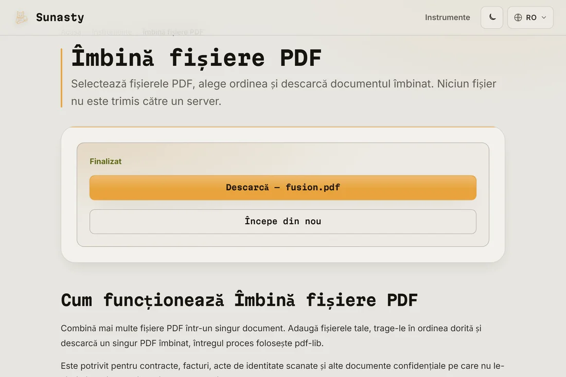 PDF-ul combinat gata de descărcat, indicând numărul total de pagini