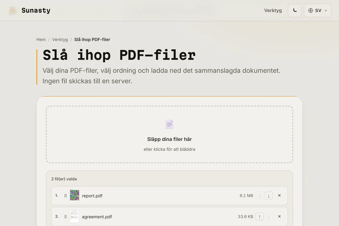 PDF-sammanslagaren med tre filer inlästa, visade i den ordning de kommer att synas i resultatet