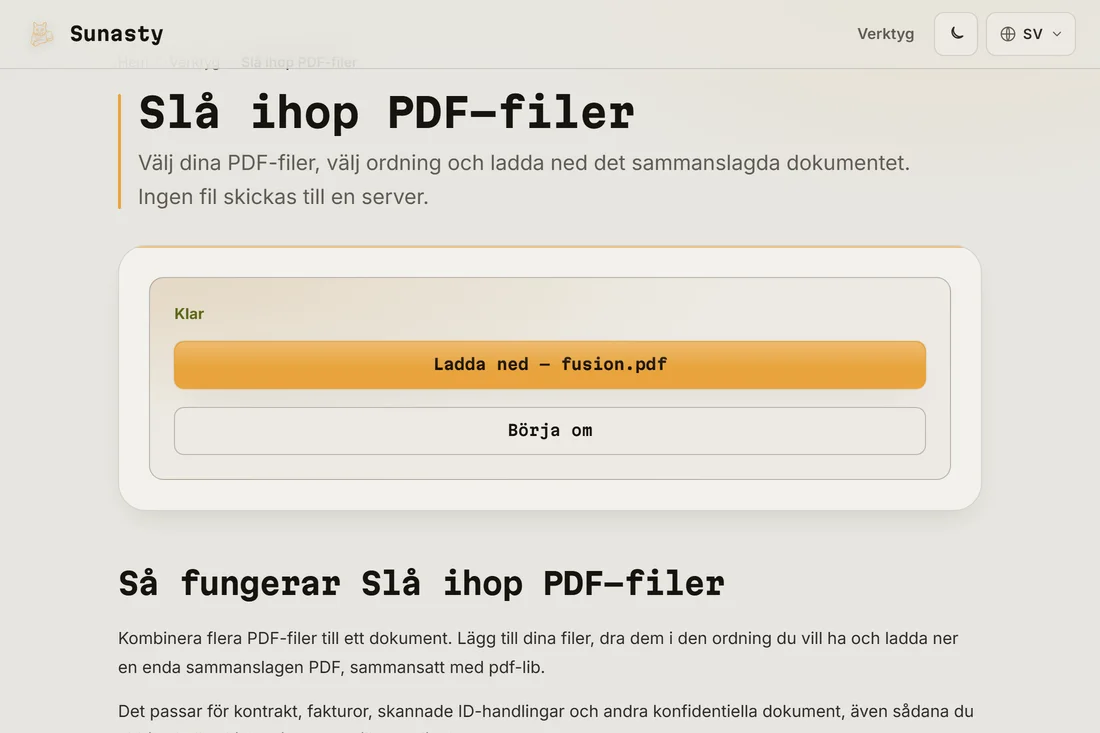 Den sammanslagna PDF-filen redo att laddas ner, med det totala antalet sidor angivet