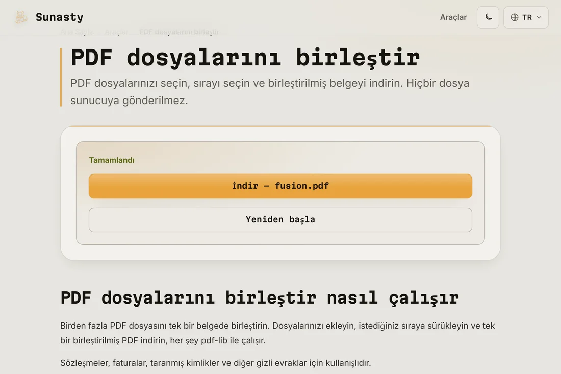 İndirilmeye hazır birleştirilmiş PDF, birleştirilmiş sayfa sayısını gösteriyor