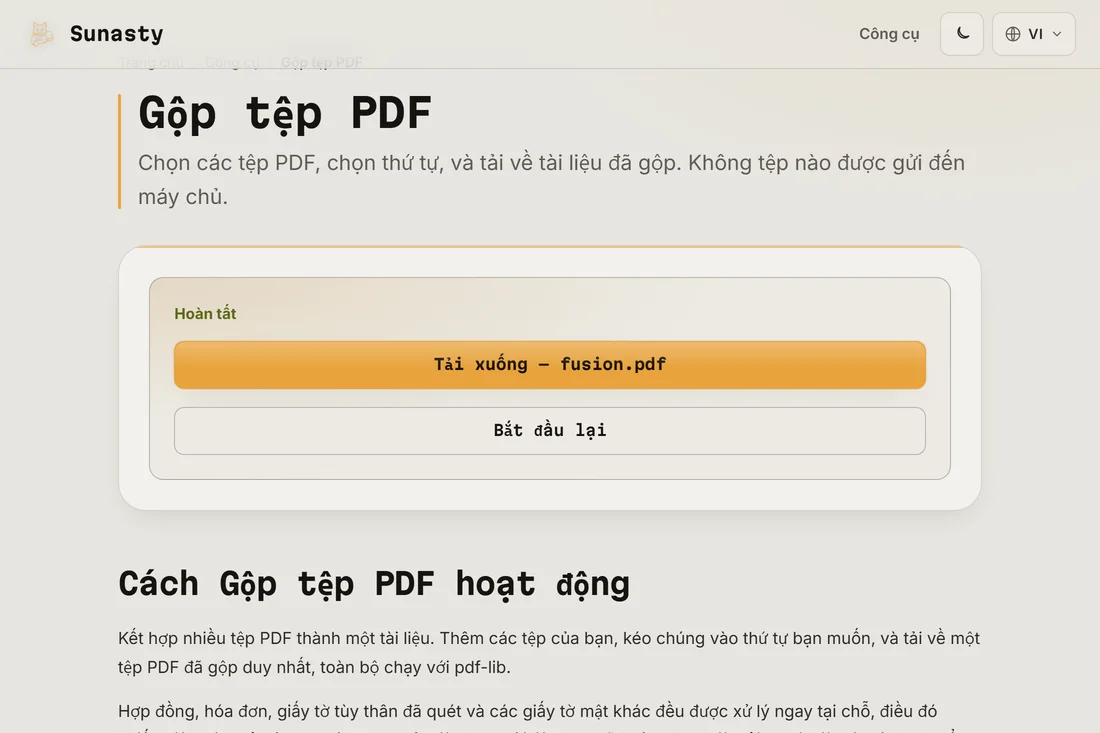 File PDF đã gộp sẵn sàng tải về, hiển thị tổng số trang kết hợp