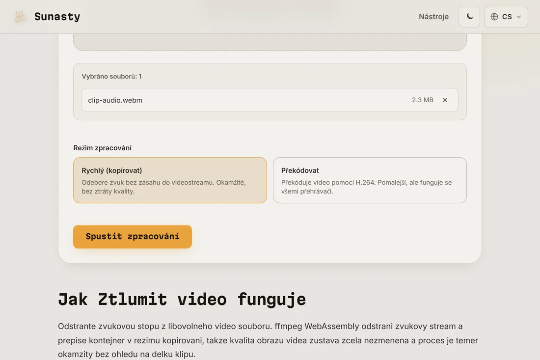 Nástroj na ztlumení videa s načteným klipem, zobrazující karty režimu Rychlý (kopie) a Překódovat