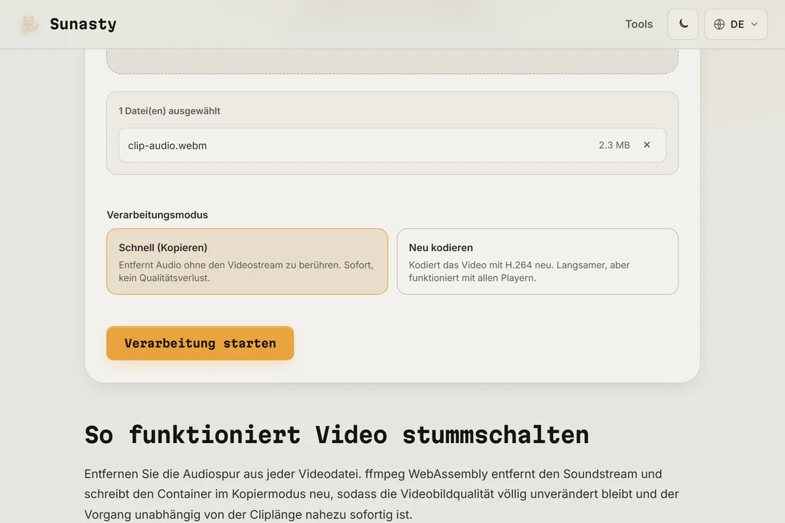 Das Stummschalt-Werkzeug mit geladenem Clip, das die Moduskarten Schnell (Kopie) und Neukodieren zeigt