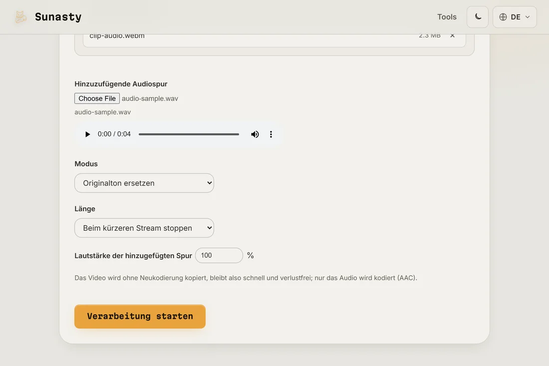 Das Werkzeug zum Hinzufügen von Audio mit einem Video und einer neuen Tonspur, bereit zum Download