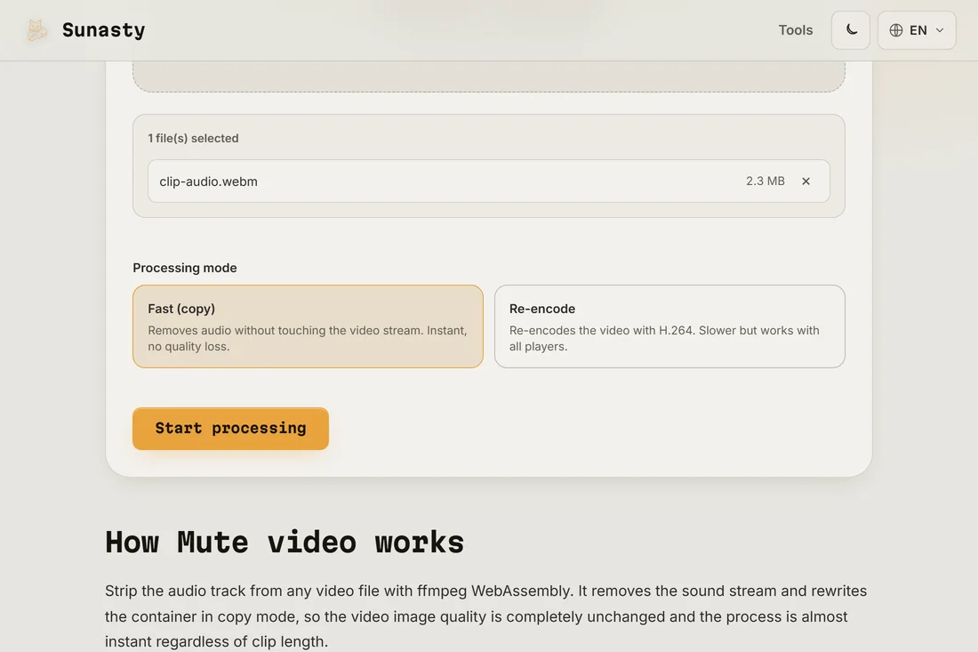 The video muter with a clip loaded, showing the Fast copy and Re-encode mode cards