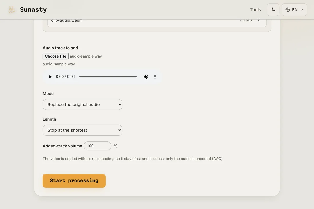 The add-audio tool with a video and a new audio track ready to download