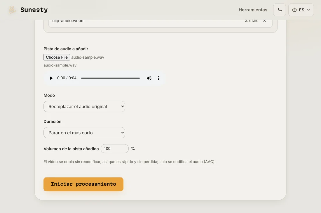 La herramienta para añadir audio con un vídeo y una nueva pista de audio listos para descargar