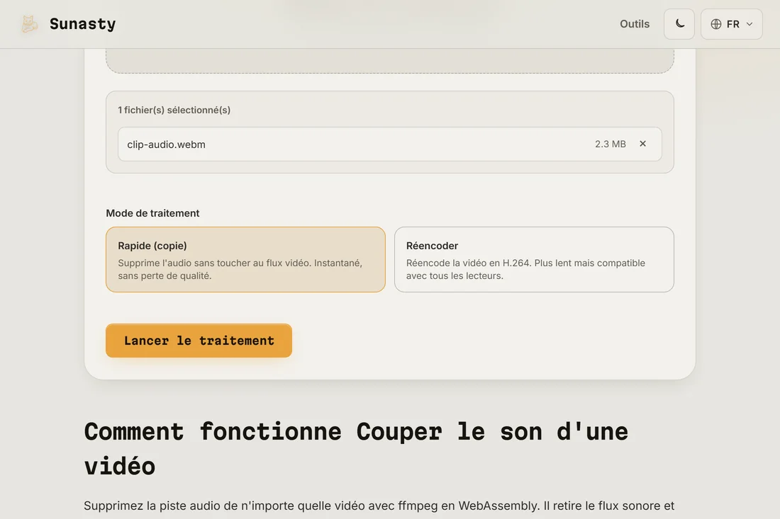 L'outil de coupure du son avec un clip chargé, montrant les cartes de mode Rapide (copie) et Réencoder