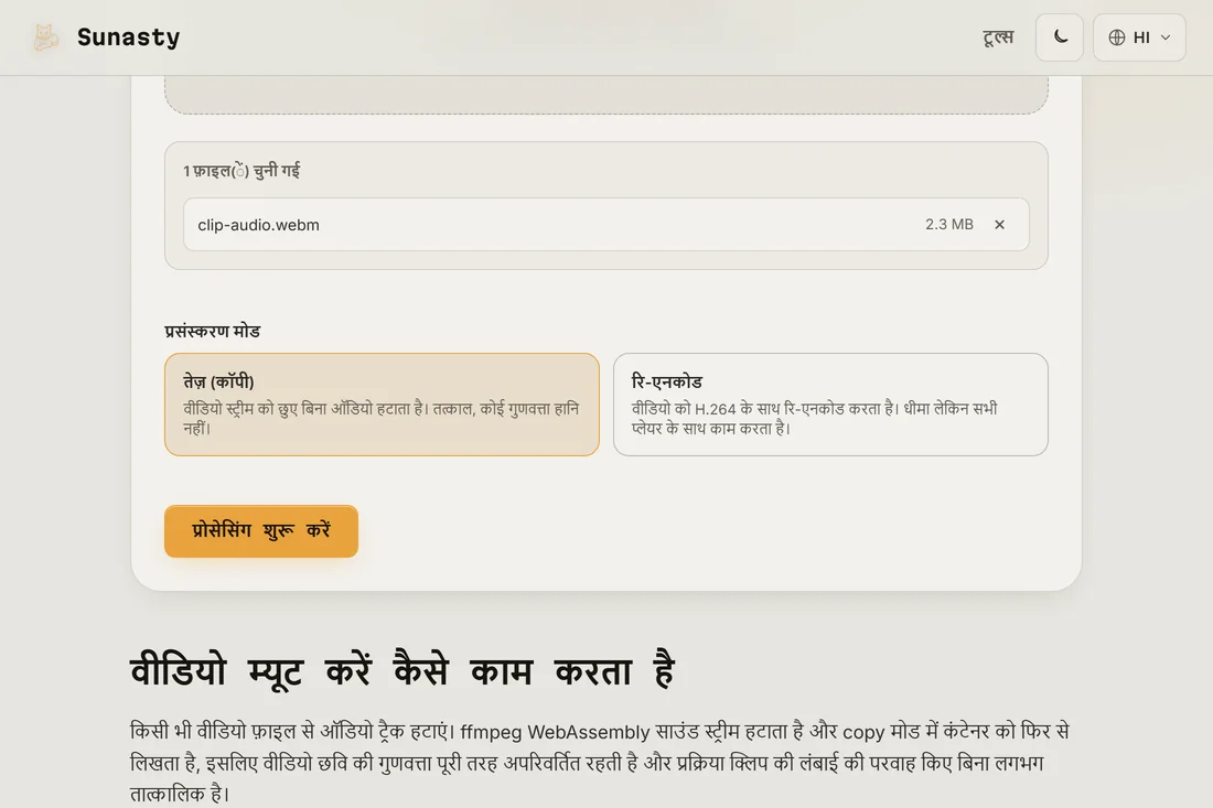 लोड की गई क्लिप के साथ वीडियो म्यूट टूल, तेज़ (कॉपी) और री-एनकोड मोड कार्ड दिखाता हुआ