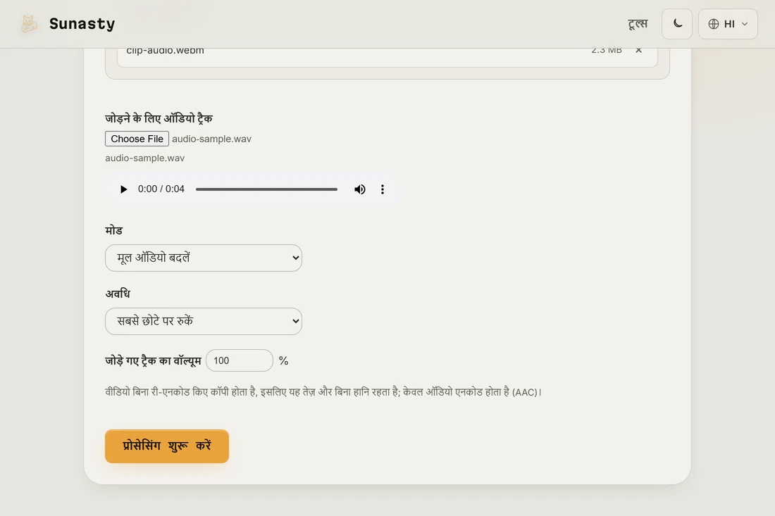 एक वीडियो और डाउनलोड के लिए तैयार नए ऑडियो ट्रैक के साथ ऑडियो जोड़ने वाला टूल
