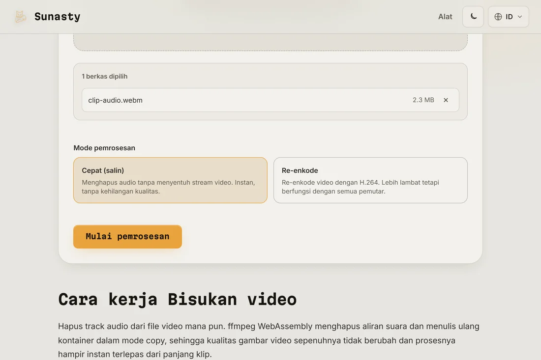 Alat pembisu video dengan klip termuat, menampilkan kartu mode Cepat (salin) dan Sandikan ulang