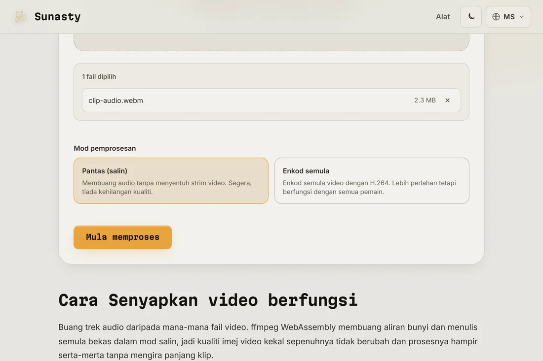 Alat pembisu video dengan klip dimuatkan, menunjukkan kad mod Pantas (salin) dan Kod semula