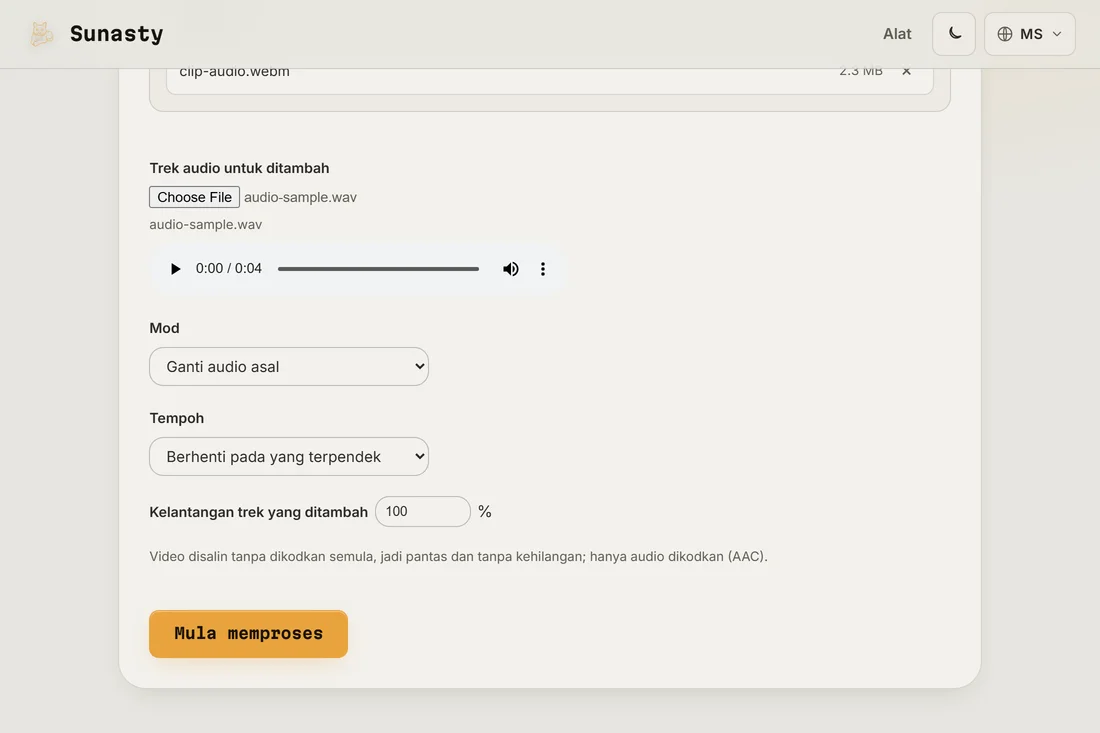 Alat penambah audio dengan video dan trek audio baharu sedia untuk dimuat turun