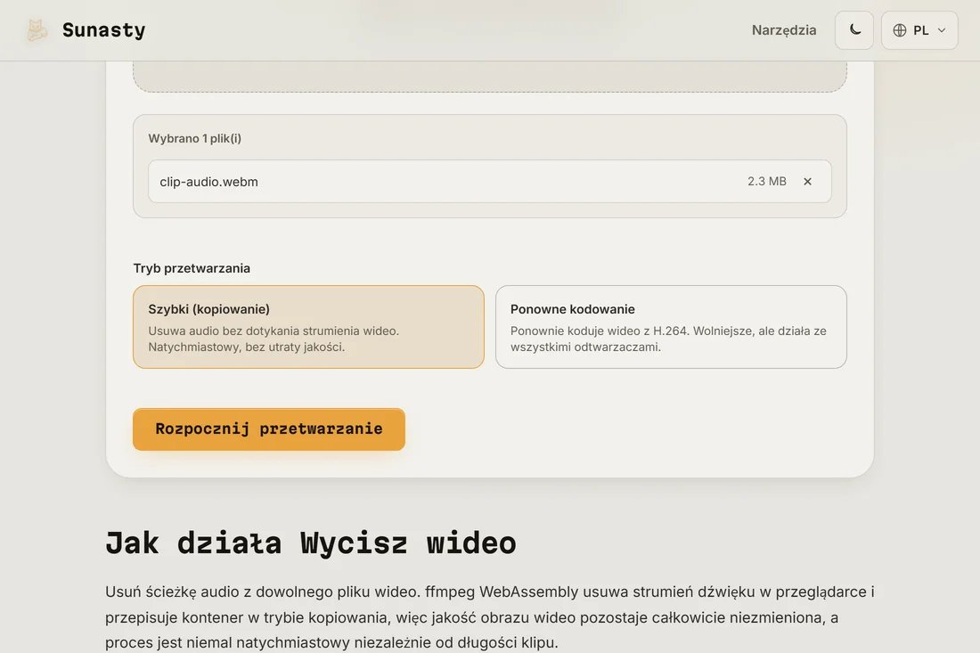 Narzędzie do wyciszania wideo z wczytanym klipem, pokazujące karty trybu Szybki (kopia) i Koduj ponownie