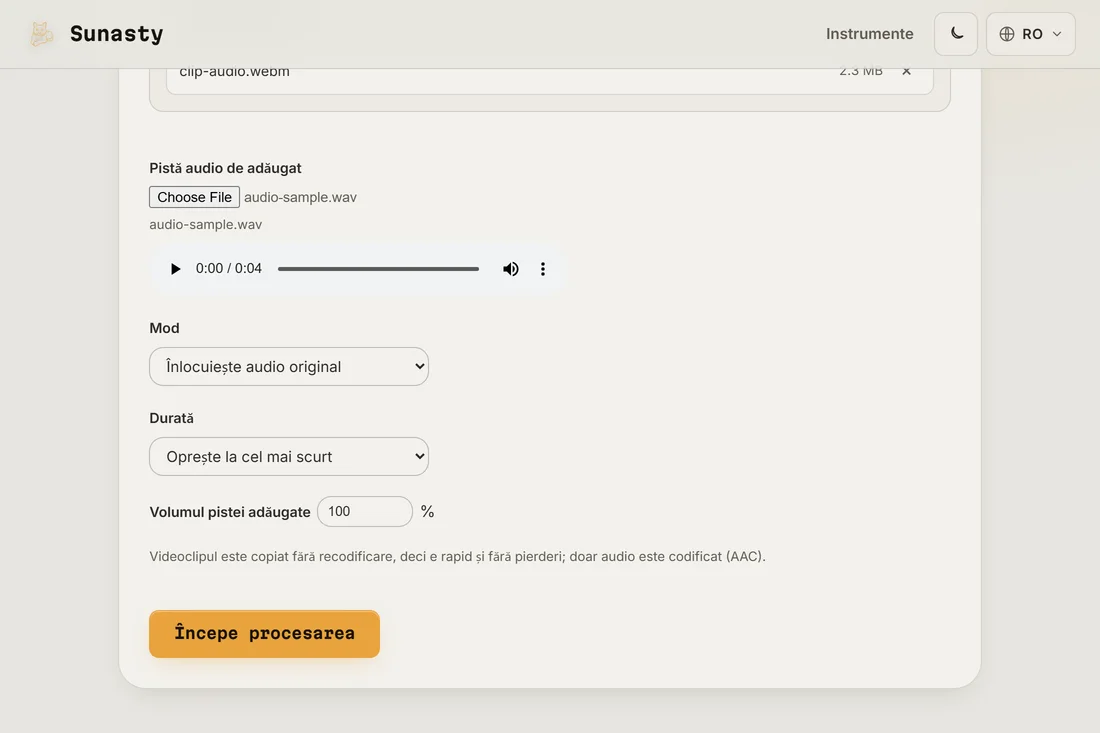 Instrumentul de adăugare audio cu un video și o pistă audio nouă gata de descărcat